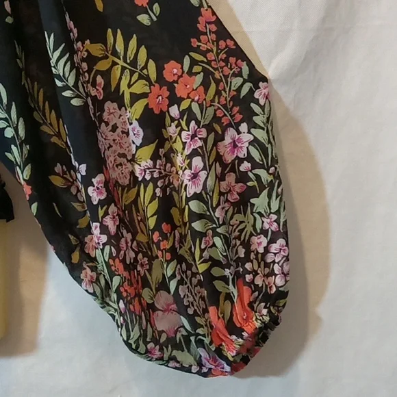 Free People Womens Small Top Final Rose Black Floral Blouse Sheer Balloon Sleeve - Picture 4 of 10